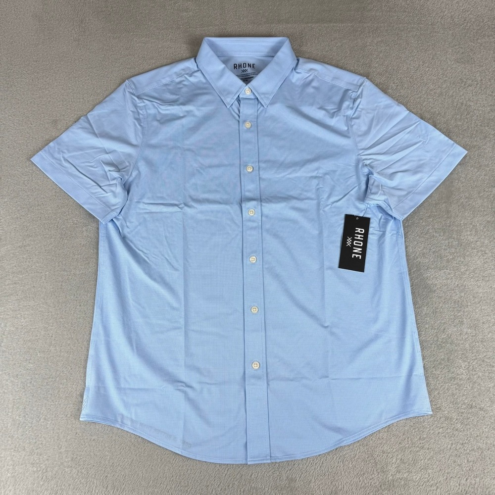 Rhone Commuter Button-Up Shirt Mens Medium Blue Mini Windowpane Stretch New NWT